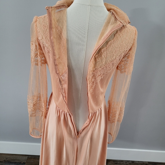 Vintage 70s Victorian Style Lace Swiss Dot High Neck Long Sleeve Coctail Dress - Picture 10 of 14